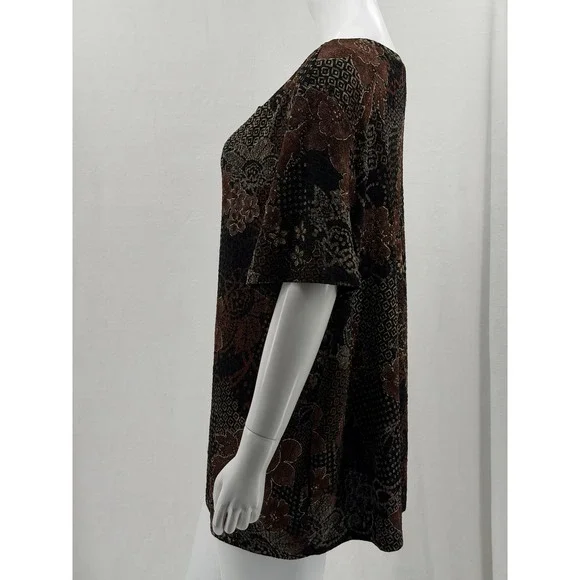 White Stag Top Womens 4X Brown Floral Stretch Boho Mature Travel Short Sleeve - Picture 4 of 9